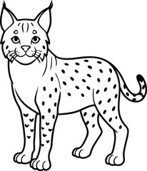 A stylized black and white illustration of a bobcat. The bobcat is depicted in a standing pose, facing the viewer with a friendly expression and open eyes. The bobcat features distinct tufted ears, a 