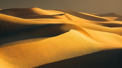An expansive view of rippling sand dunes lit by soft golden light creating abstract textures Shadows fall naturally