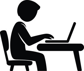 Silhouette of person working on laptop at desk, studying, typing, freelancing, remote work concept icon, educational and office illustration