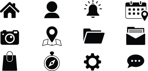 Minimalist UI icons collection featuring home, user, notifications, calendar, camera, map, folder, email, shopping, settings, and chat symbols, vector set