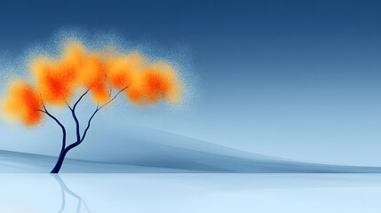 Minimalist Abstract Tree with Vibrant Orange Foliage on Blue Gradient Background