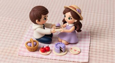 Cute couple sharing cake on a picnic blanket, with basket and other treats.