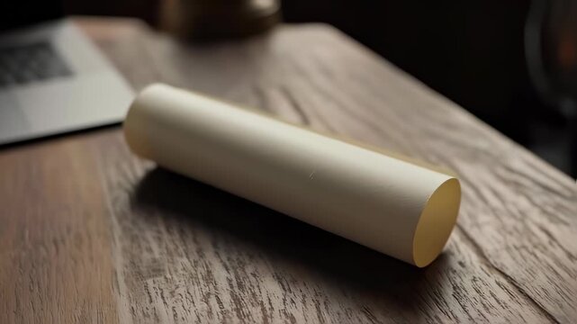 Close up of unrolled paper scroll on wooden table with candlelight ambience