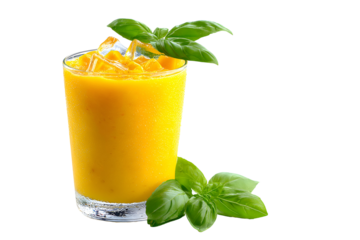 Refreshing yellow smoothie with basil leaves isolated on transparent background