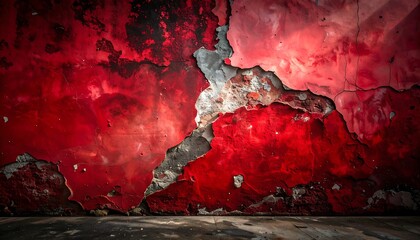 Crimson painted wall, peeling in sections, revealing grey underlayer