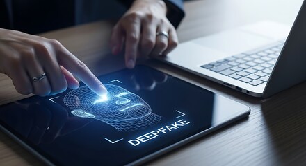 A person using a tablet with a deepfake image on the screen, highlighting the dangers of digital manipulation