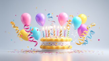 Colorful cartoon banner designed with a giant cake topped by glowing candles. Floating balloons arc overhead while curling