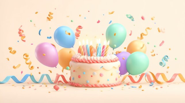 Colorful cartoon banner designed with a giant cake topped by glowing candles. Floating balloons arc overhead while curling - Powered by Adobe