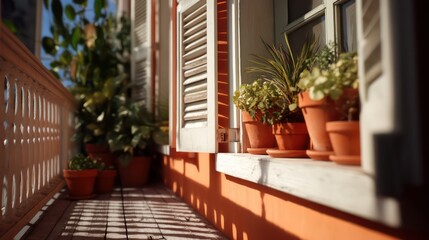 Compact balcony with folding wooden shutters white metal balustrade and terracotta pots harsh side light casting complex shadows