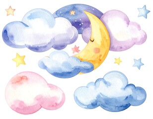 Watercolor illustration of a sleeping moon, clouds and stars
