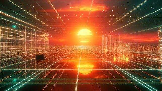Cyberpunk cityscape grid with virtual sun during sunset - Powered by Adobe