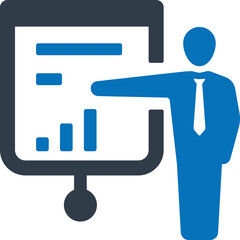 Business Man Presenting Data And Charts On A Whiteboard In A Blue And Dark Blue Color Scheme With Transparent Background