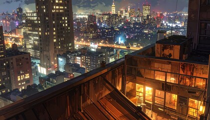 rooftop night city lights glow skyline building window traffic distant vibrant urban atmosphere warm modern metropolitan view structure architecture nightscape