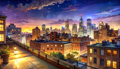 rooftop night city lights glow skyline building window traffic distant vibrant urban atmosphere warm modern metropolitan view structure architecture nightscape
