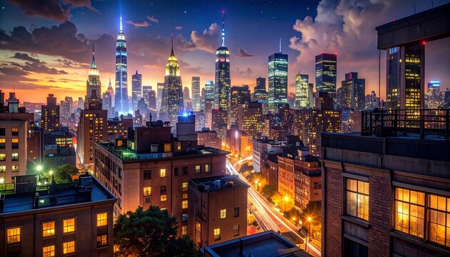 rooftop night city lights glow skyline building window traffic distant vibrant urban atmosphere warm modern metropolitan view structure architecture nightscape