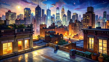 rooftop night city lights glow skyline building window traffic distant vibrant urban atmosphere warm modern metropolitan view structure architecture nightscape