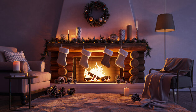 Cozy Christmas fireplace with stockings hung, warm glow from crackling fire, pinecones, and festive wreath creates ultimate holiday comfort