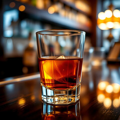 Closeup of Japanese whisky in vintage tumbler, polished bar, warm amber tones, blurred background, timeless and refined elegance