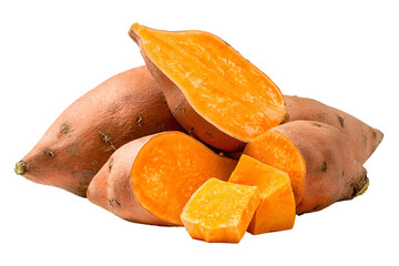 Pile of fresh sweet potatoes cut and whole isolated on transparent background