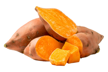 Pile of fresh sweet potatoes cut and whole isolated on transparent background