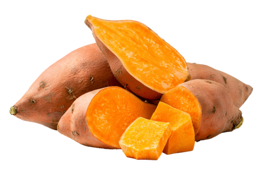 Pile of fresh sweet potatoes cut and whole isolated on transparent background