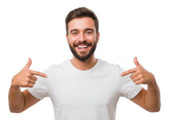 Man points to himself with a smile isolated on transparent background