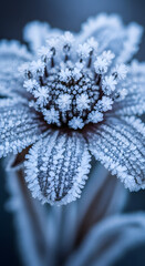 Close up of flower covered in frost and ice crystals in winter garden view