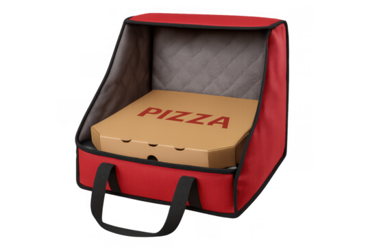 Red insulated delivery bag containing a pizza box, representing fast food takeout service and restaurant delivery