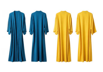 Two blue and two yellow abayas isolated on transparent background