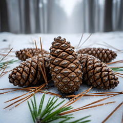 Pile of pine cones sitting on ground in winter forest with snow covering surface