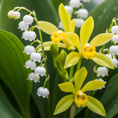 Yellow orchid flower with lily of valley on green leaves background closeup
