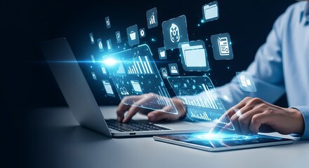 Data analysis and business intelligence concept showing laptop and tablet with data visualization icons