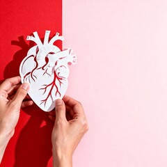 Hands holding a detailed red paper cutout of a human anatomical heart on a pastel pink background banner