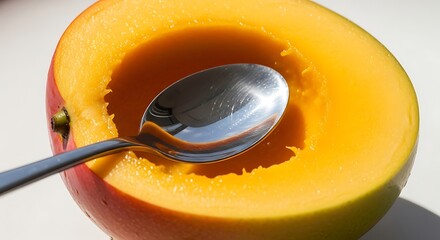 Close up of a half cut ripe mango fruit with a spoon inside, ready to eat a healthy and sweet dessert