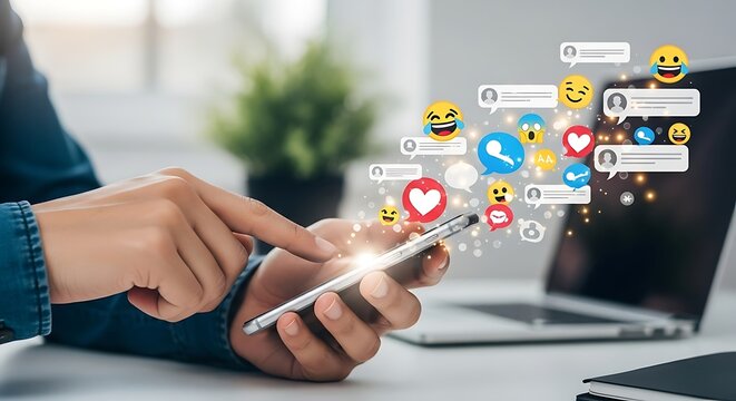 Hands using smartphone with social media concept communication, connection, and sharing information on online platform with emoji