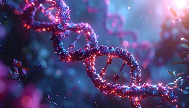 A vibrant, close-up rendering of a double helix DNA structure, shimmering with bioluminescent light, embedded in an abstract nature scene