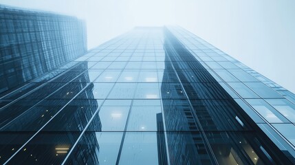 Fototapeta premium Modern glass skyscraper vanishing into dense city fog