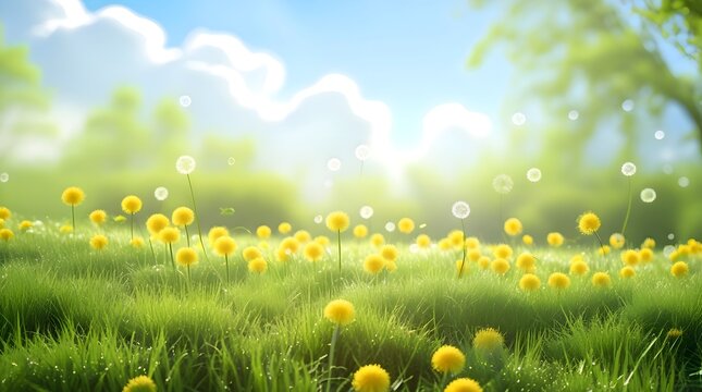 Beautiful meadow field with lush fresh green grass and vibrant yellow dandelion flowers swaying gently in the breeze of nature against a softly blurry blue sky with puffy white clouds, set amidst a se