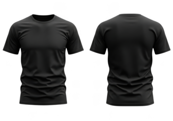Two black t shirts front and back view isolated on transparent background