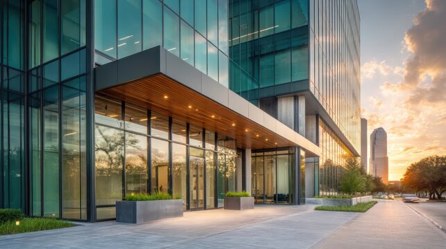 Contemporary corporate office exterior floor-to-ceiling emerald-tinted glass curtain wall with charcoal steel mullions sunrise from left creating long