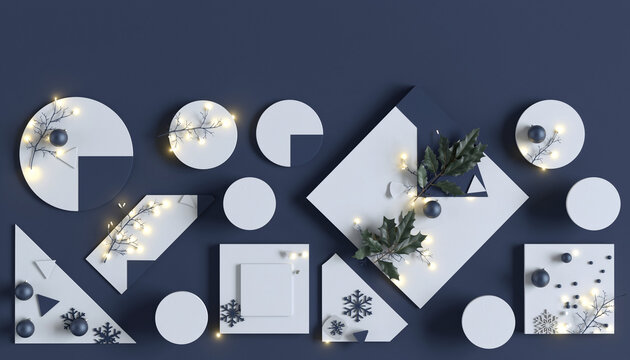Elegant modern Christmas composition with festive lights, holly, ornaments, and snowflakes creates a sophisticated holiday mood for design projects.
