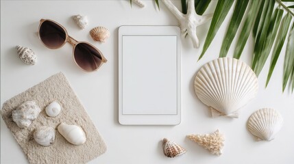 Beach vacation mockup with tablet and summer accessories