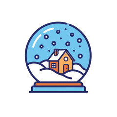 A simple, colorful line art illustration of a cozy house inside a snow globe with falling snowflakes, perfect for winter themes.