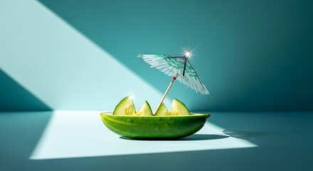 A refreshing cucumber cocktail with a paper umbrella on a blue background in the sunlight
