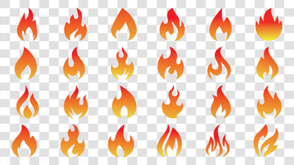 Collection of 24 stylized flame icons with red orange and yellow gradient colors fire symbol