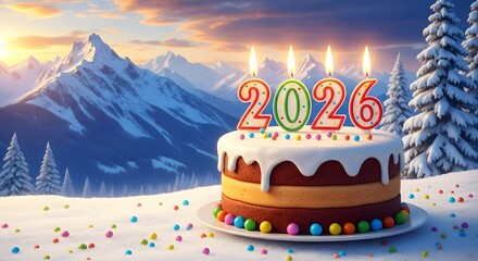 Birthday cake with 2026 candles on snowy mountain landscape at sunset celebration new year