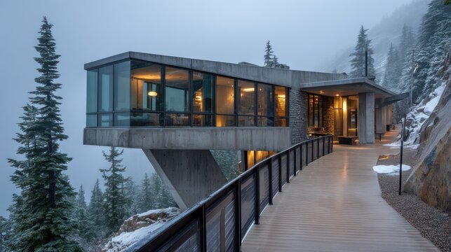 Contemporary luxury lodge cantilevered snowy slope steel-and-stone exterior under soft overcast top-down light cool grey and forest green