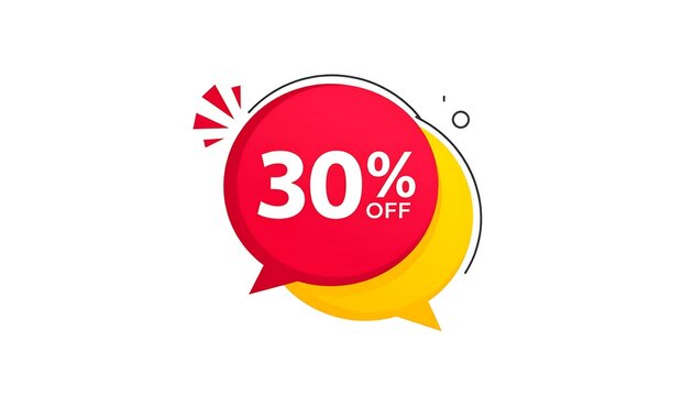 A vibrant, graphical icon representing a 30% discount. Features a red speech bubble, bold white text, and yellow accent