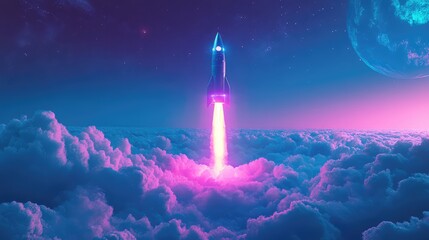 Rocket launching through neon clouds into space with distant planet