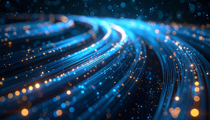 Digital Data Stream: Visualize the essence of digital connectivity with this abstract, futuristic design, showcasing data streams in vibrant hues of blue and golden particles.